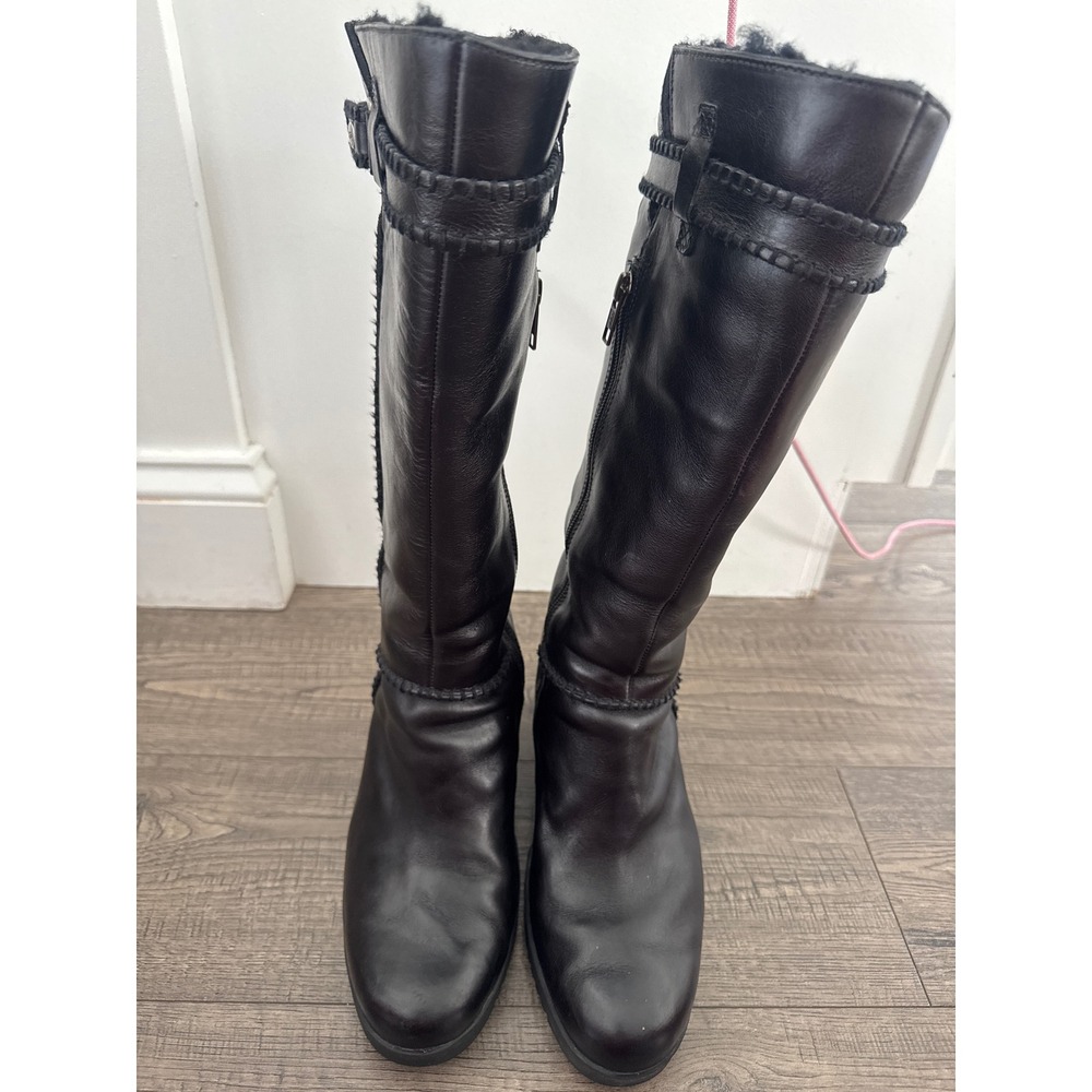 UGG Australia Black Leather Sheepskin Lined Tall Wedge Boots F8910G